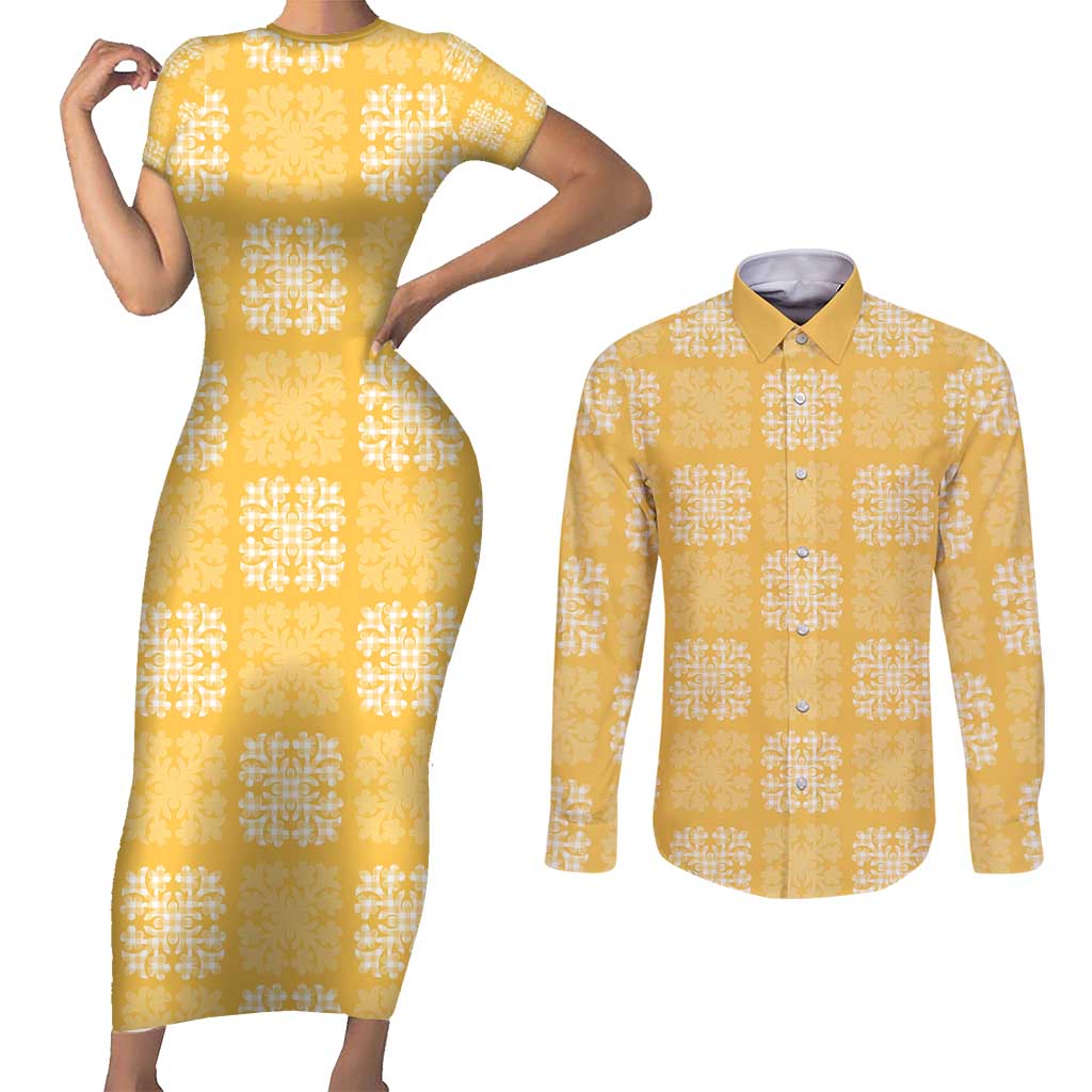 Yellow Palaka Quilt Hawaii Couples Matching Short Sleeve Bodycon Dress and Long Sleeve Button Shirt Traditional Hawaii-plaid Pattern - Polynesian Pride