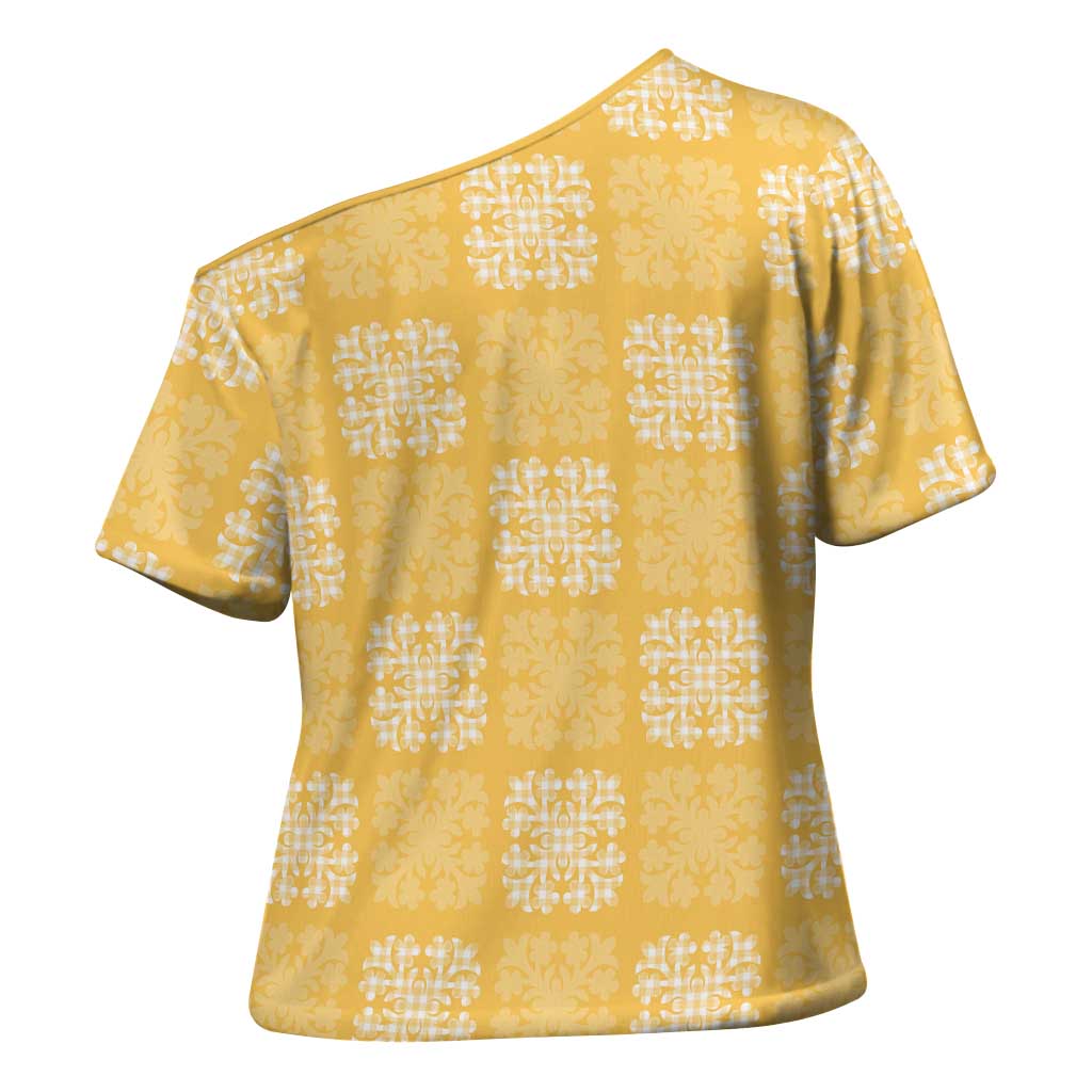 Yellow Palaka Quilt Hawaii Cross Shoulder Shirt Traditional Hawaii-plaid Pattern - Polynesian Pride