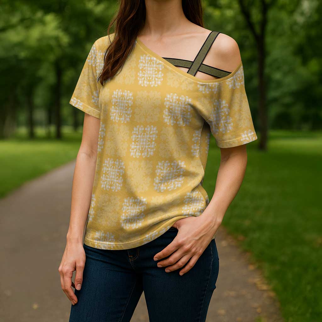 Yellow Palaka Quilt Hawaii Cross Shoulder Shirt Traditional Hawaii-plaid Pattern - Polynesian Pride