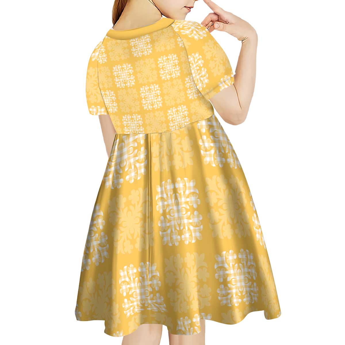 Yellow Palaka Quilt Hawaii Kid Short Sleeve Dress Traditional Hawaii-plaid Pattern - Polynesian Pride