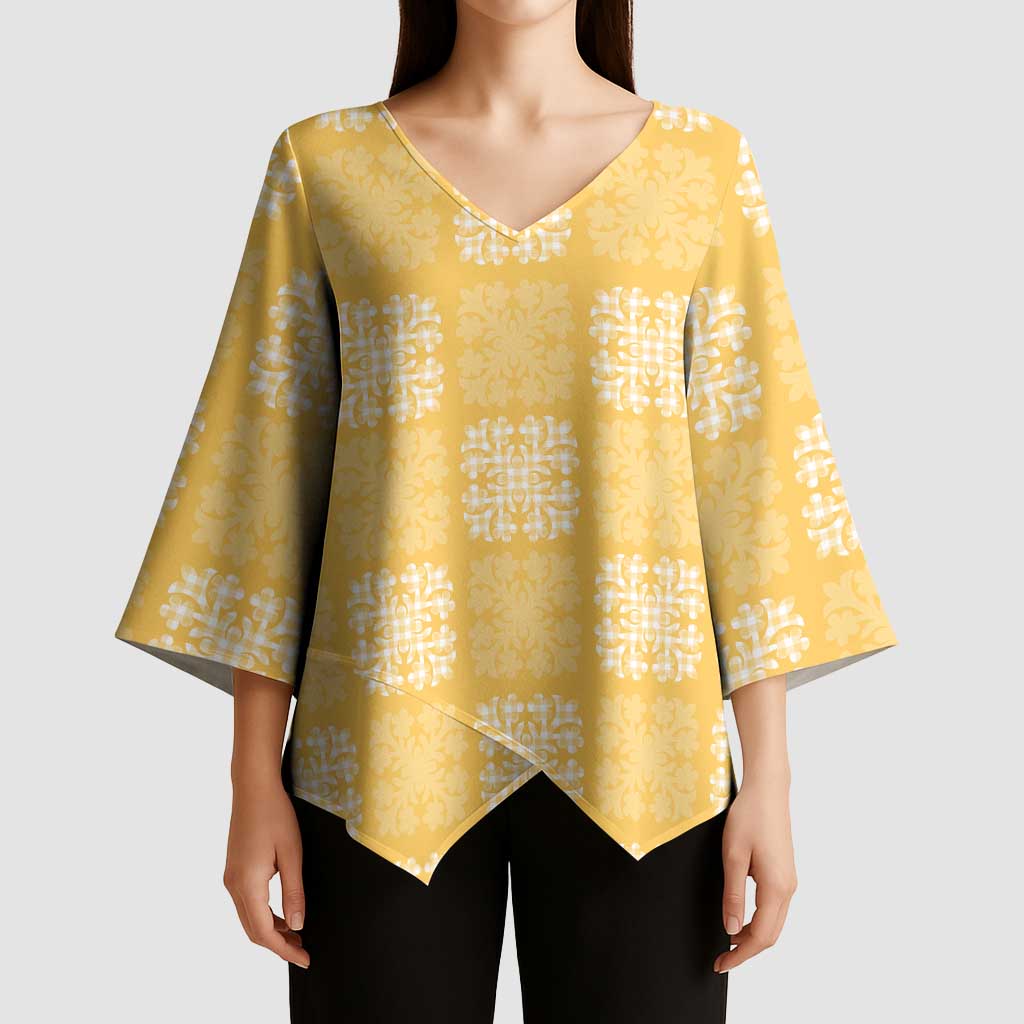 Yellow Palaka Quilt Hawaii Kimono Sleeve Blouse Traditional Hawaii-plaid Pattern - Polynesian Pride