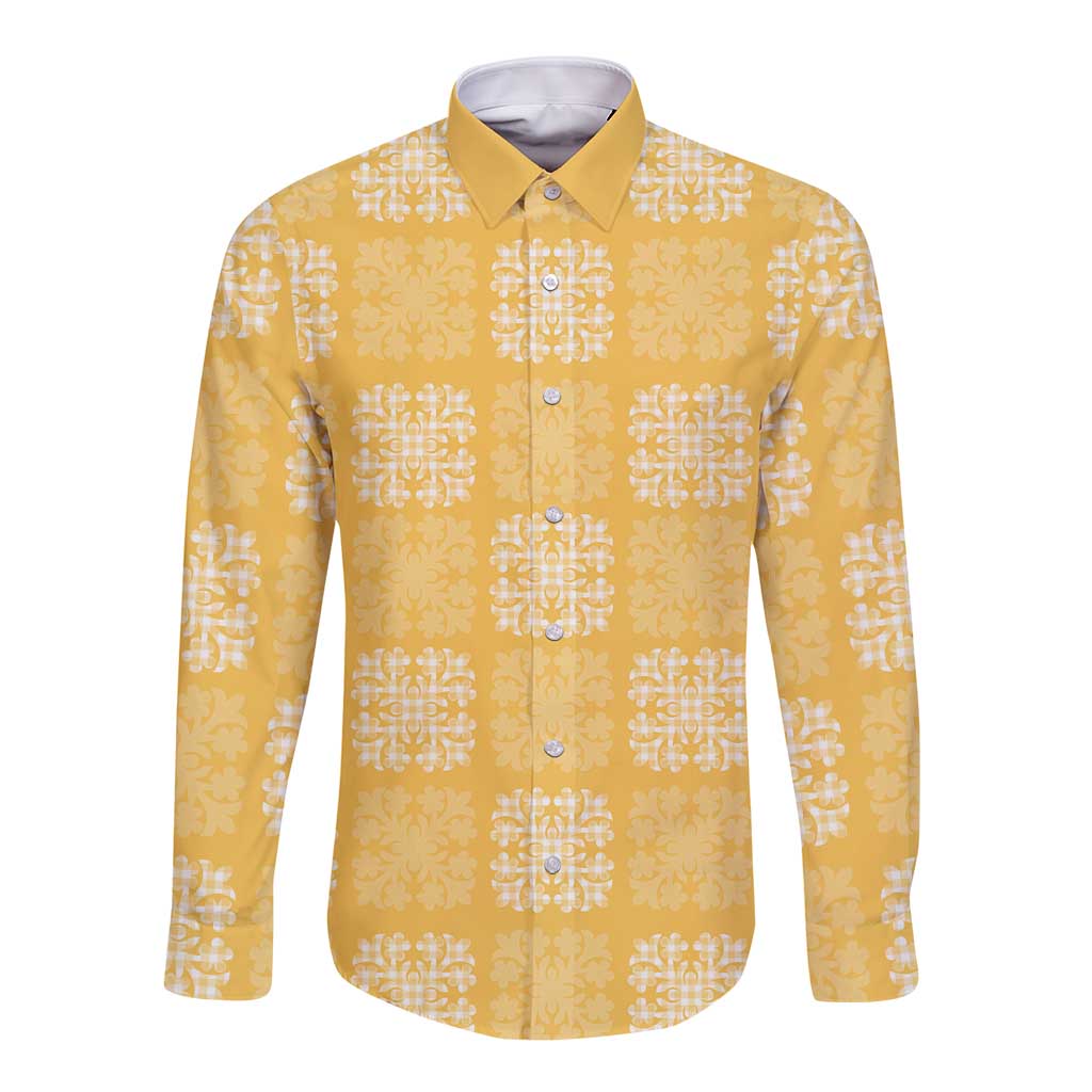 Yellow Palaka Quilt Hawaii Long Sleeve Button Shirt Traditional Hawaii-plaid Pattern - Polynesian Pride