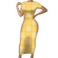 Yellow Palaka Quilt Hawaii Short Sleeve Bodycon Dress Traditional Hawaii-plaid Pattern - Polynesian Pride