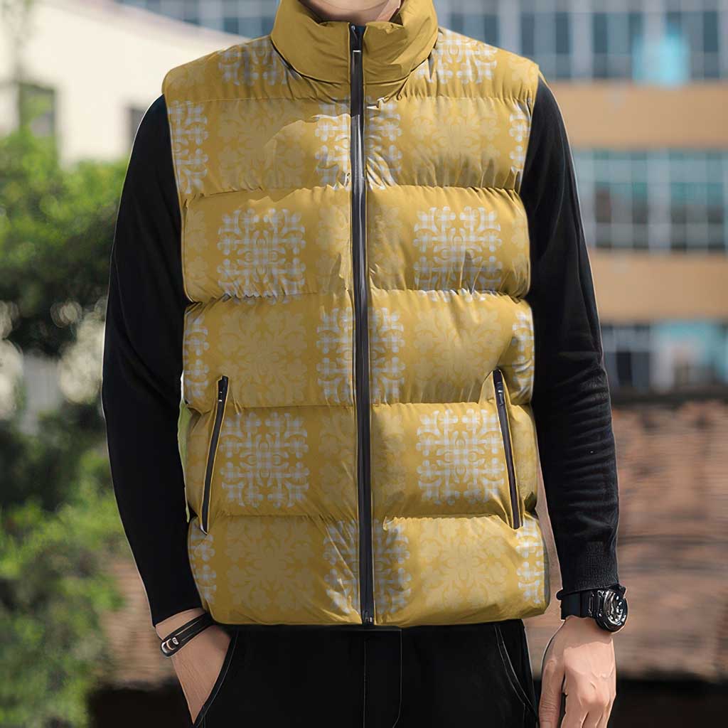 Yellow Palaka Quilt Hawaii Sleeveless Puffer Jacket Traditional Hawaii-plaid Pattern - Polynesian Pride