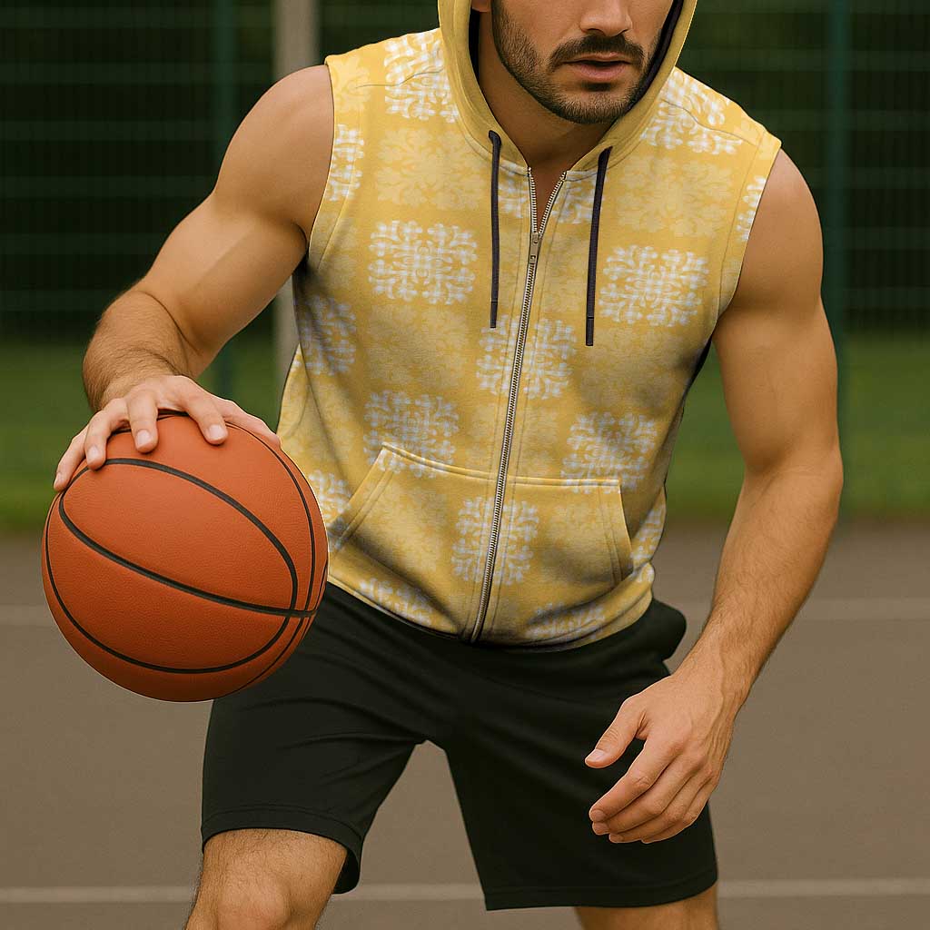 Yellow Palaka Quilt Hawaii Sleeveless Zip Hoodie Traditional Hawaii-plaid Pattern - Polynesian Pride