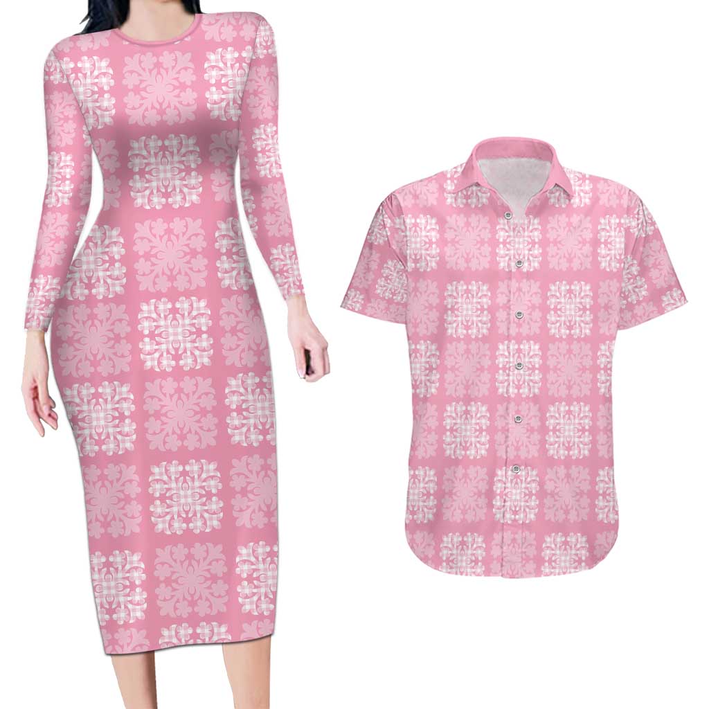 Pink Palaka Quilt Hawaii Couples Matching Long Sleeve Bodycon Dress and Hawaiian Shirt Traditional Hawaii-plaid Pattern - Polynesian Pride