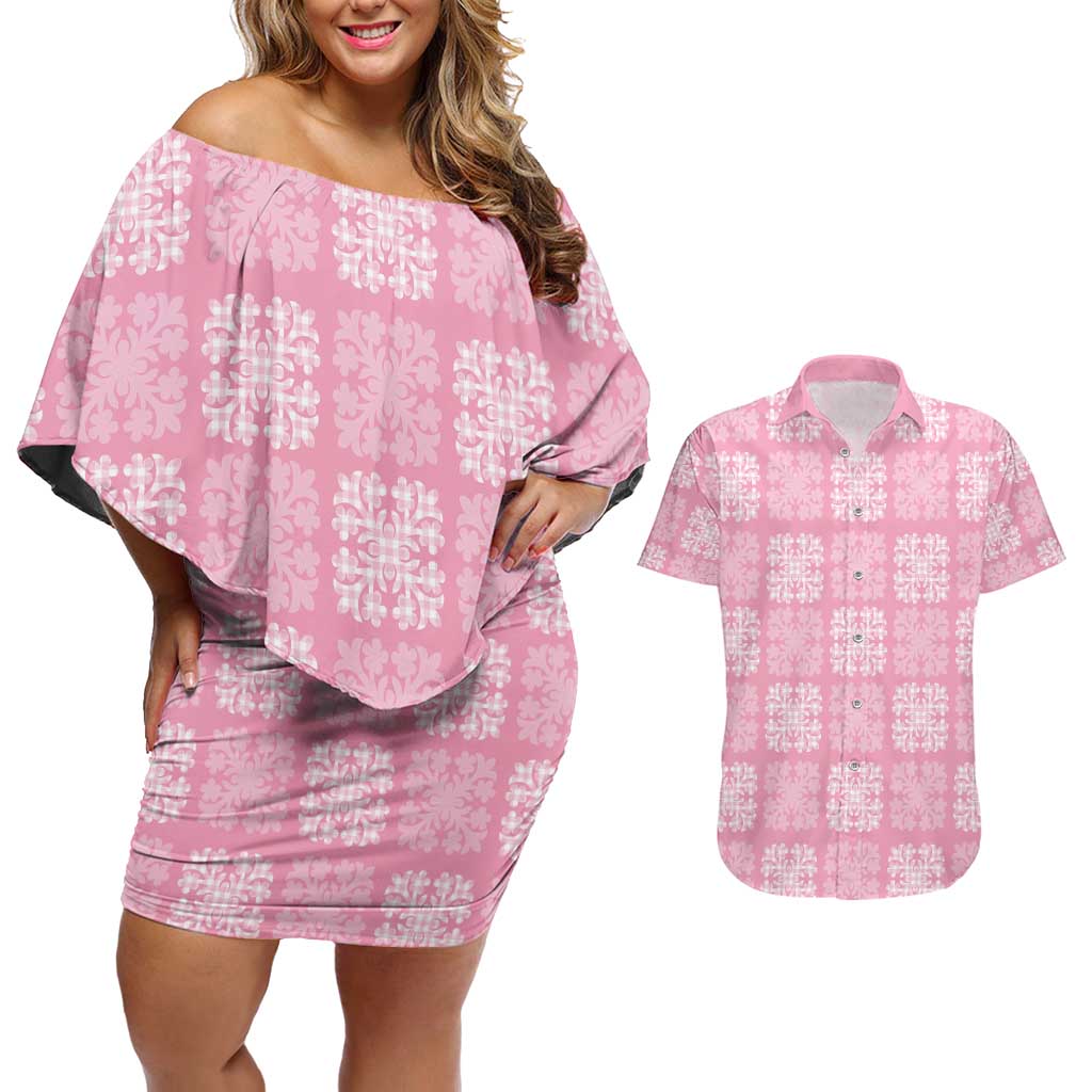 Pink Palaka Quilt Hawaii Couples Matching Off Shoulder Short Dress and Hawaiian Shirt Traditional Hawaii-plaid Pattern - Polynesian Pride