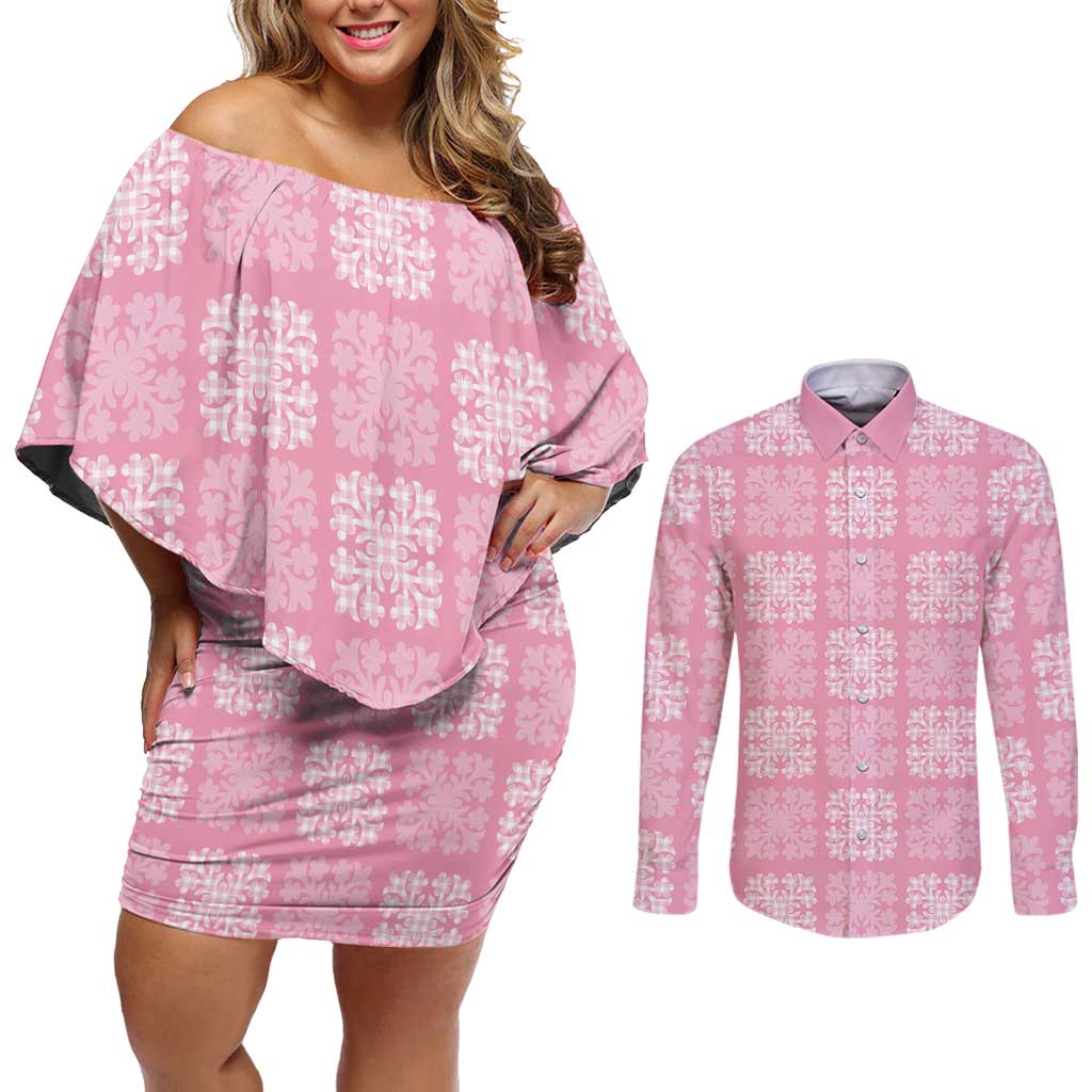 Pink Palaka Quilt Hawaii Couples Matching Off Shoulder Short Dress and Long Sleeve Button Shirt Traditional Hawaii-plaid Pattern - Polynesian Pride