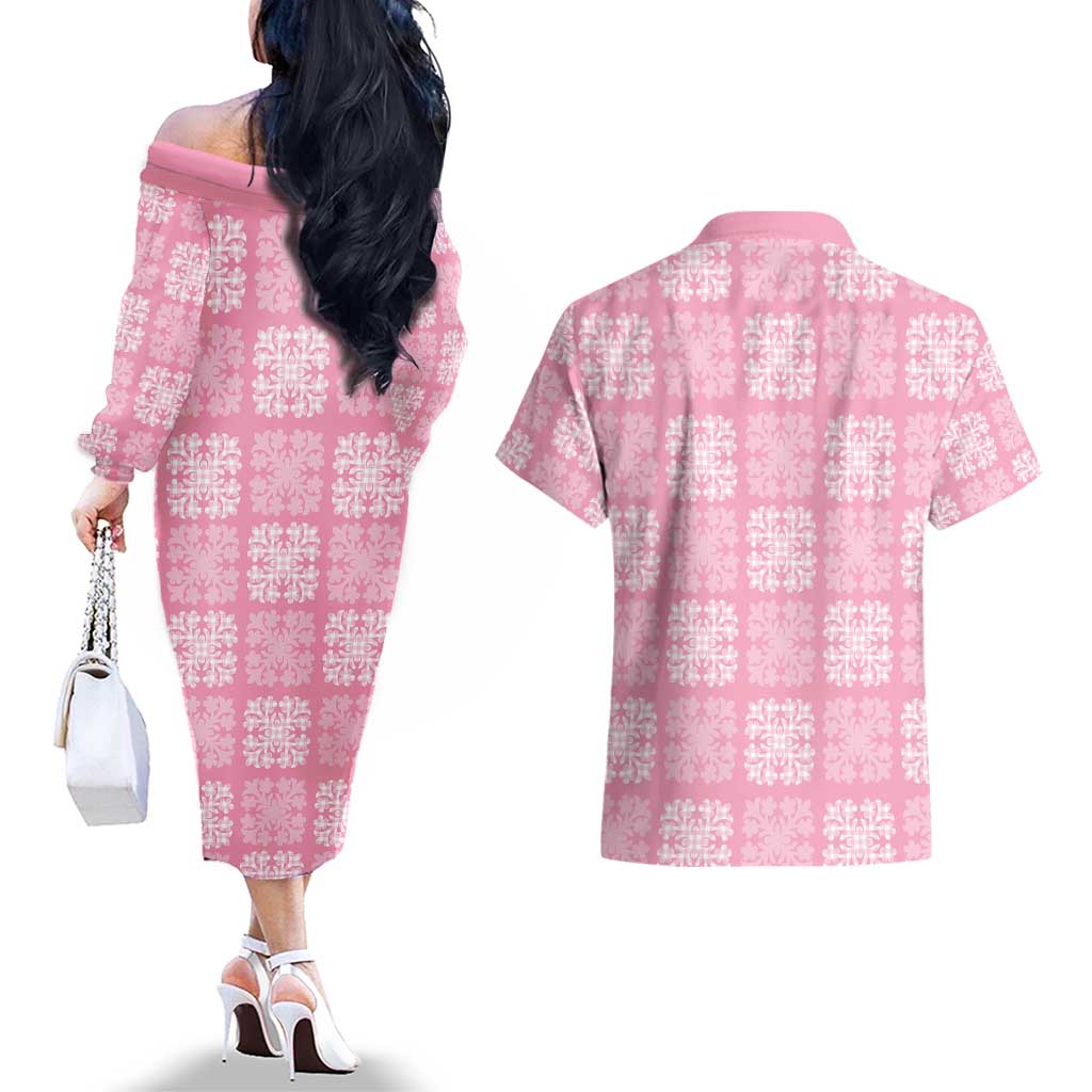Pink Palaka Quilt Hawaii Couples Matching Off The Shoulder Long Sleeve Dress and Hawaiian Shirt Traditional Hawaii-plaid Pattern - Polynesian Pride