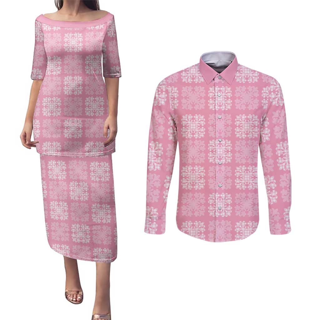 Pink Palaka Quilt Hawaii Couples Matching Puletasi and Long Sleeve Button Shirt Traditional Hawaii-plaid Pattern - Polynesian Pride