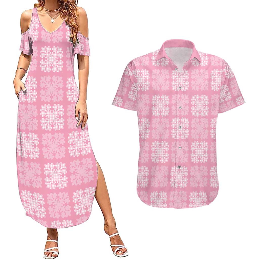 Pink Palaka Quilt Hawaii Couples Matching Summer Maxi Dress and Hawaiian Shirt Traditional Hawaii-plaid Pattern - Polynesian Pride
