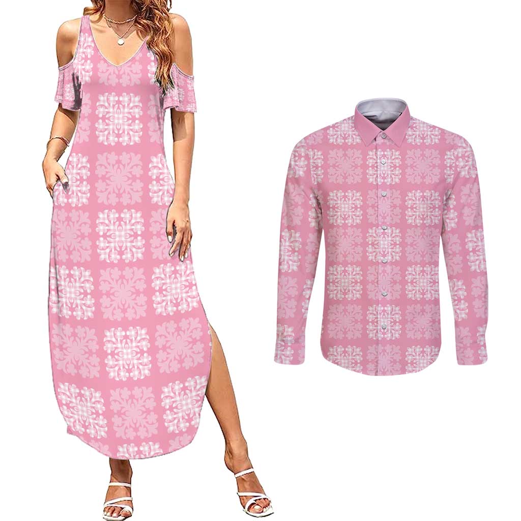 Pink Palaka Quilt Hawaii Couples Matching Summer Maxi Dress and Long Sleeve Button Shirt Traditional Hawaii-plaid Pattern - Polynesian Pride