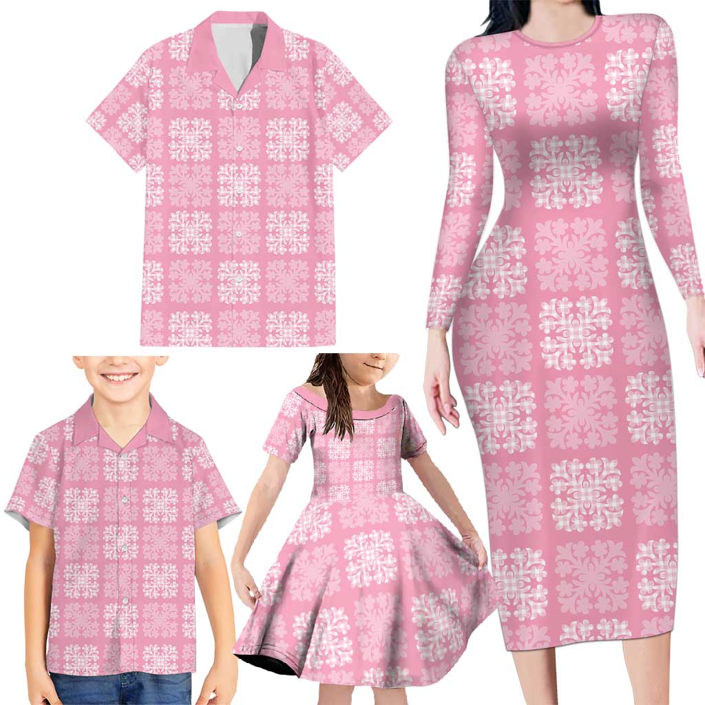 Pink Palaka Quilt Hawaii Family Matching Long Sleeve Bodycon Dress and Hawaiian Shirt Traditional Hawaii-plaid Pattern - Polynesian Pride