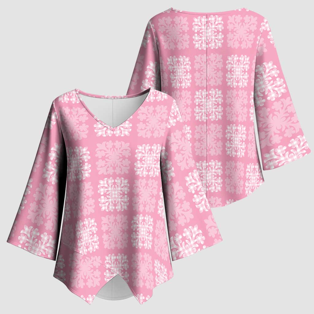 Pink Palaka Quilt Hawaii Kimono Sleeve Blouse Traditional Hawaii-plaid Pattern - Polynesian Pride