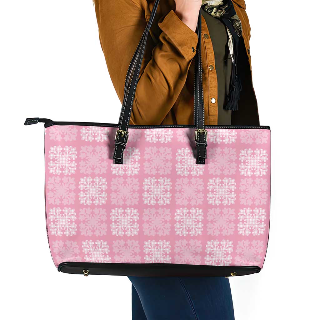 Pink Palaka Quilt Hawaii Leather Tote Bag Traditional Hawaii-plaid Pattern - Polynesian Pride