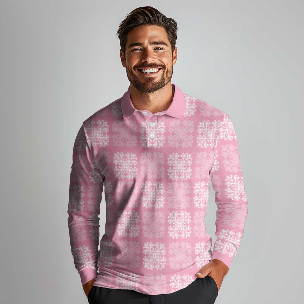 Pink Palaka Quilt Hawaii Long Sleeve Polo Shirt Traditional Hawaii-plaid Pattern - Polynesian Pride