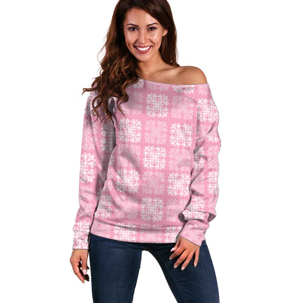 Pink Palaka Quilt Hawaii Off Shoulder Sweater Traditional Hawaii-plaid Pattern - Polynesian Pride