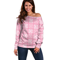 Pink Palaka Quilt Hawaii Off Shoulder Sweater Traditional Hawaii-plaid Pattern - Polynesian Pride