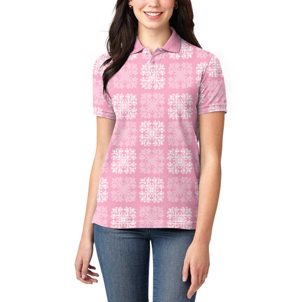 Pink Palaka Quilt Hawaii Women Polo Shirt Traditional Hawaii-plaid Pattern - Polynesian Pride