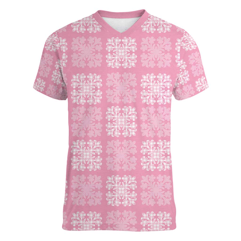 Pink Palaka Quilt Hawaii Women V-Neck T-Shirt Traditional Hawaii-plaid Pattern - Polynesian Pride