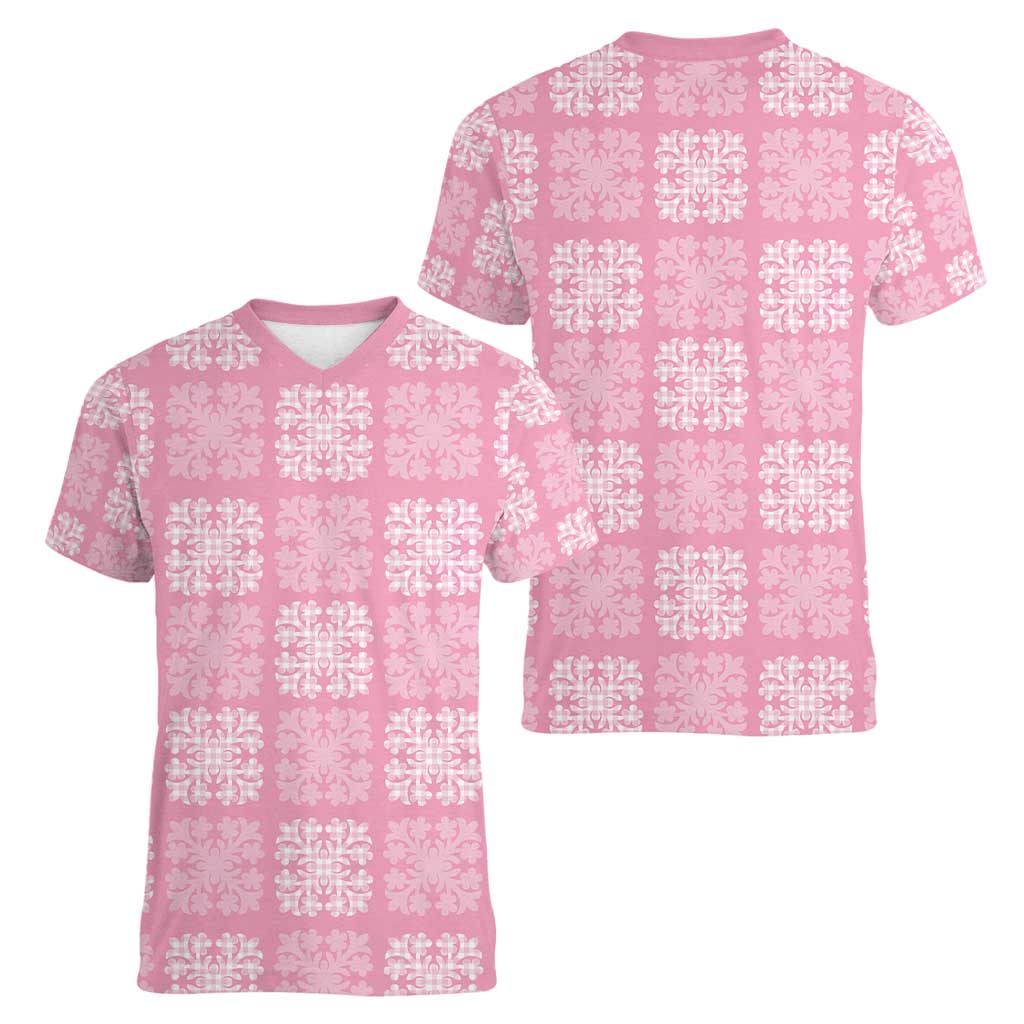 Pink Palaka Quilt Hawaii Women V-Neck T-Shirt Traditional Hawaii-plaid Pattern - Polynesian Pride