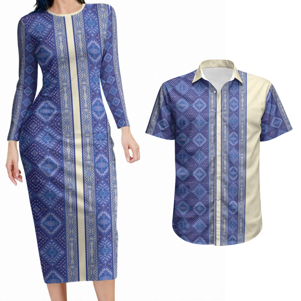 Mabuhay Philippines Festival Couples Matching Long Sleeve Bodycon Dress and Hawaiian Shirt Yakan Modern Filipiniana Inspired LT14 Blue - Polynesian Pride