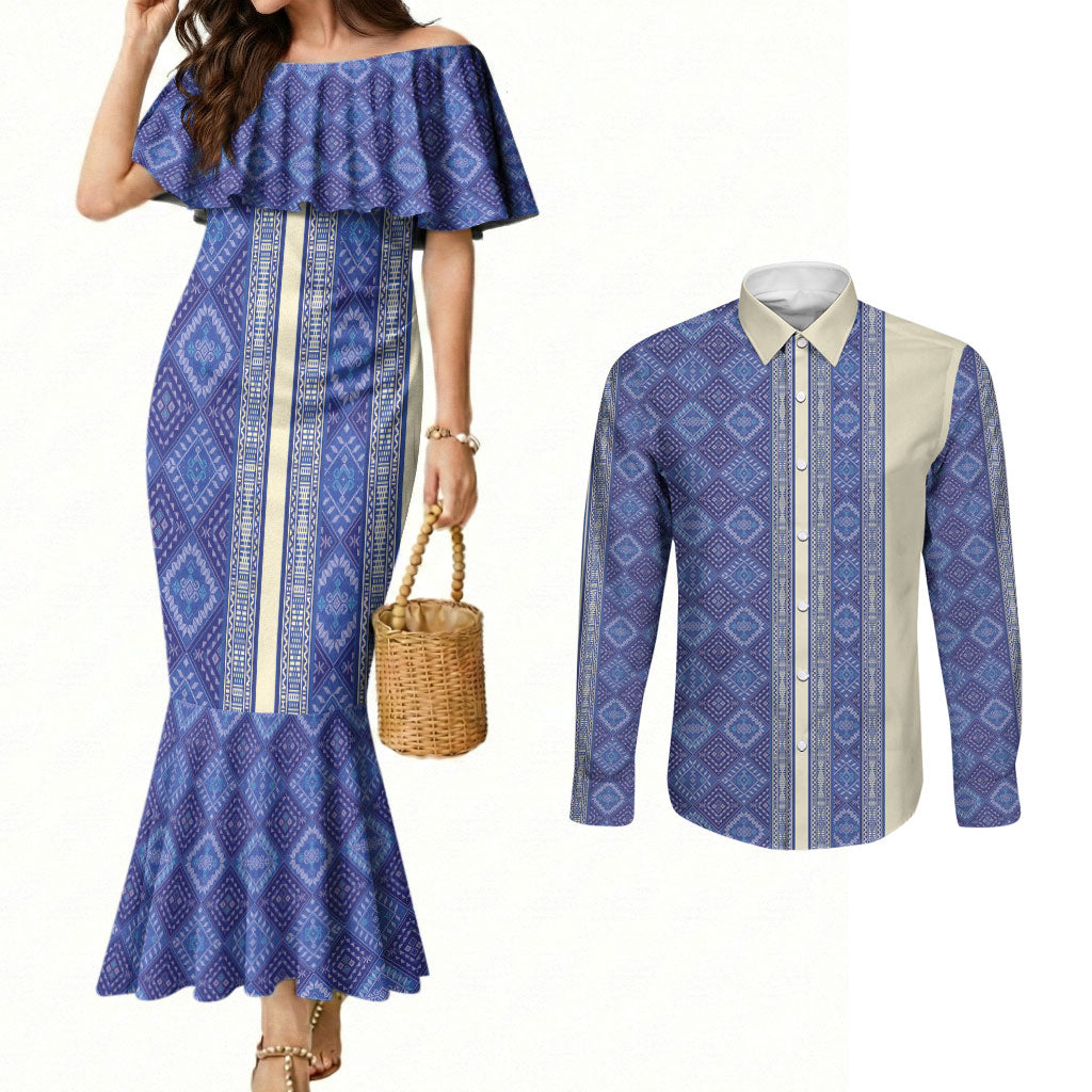 Mabuhay Philippines Festival Couples Matching Mermaid Dress and Long Sleeve Button Shirt Yakan Modern Filipiniana Inspired LT14 Blue - Polynesian Pride