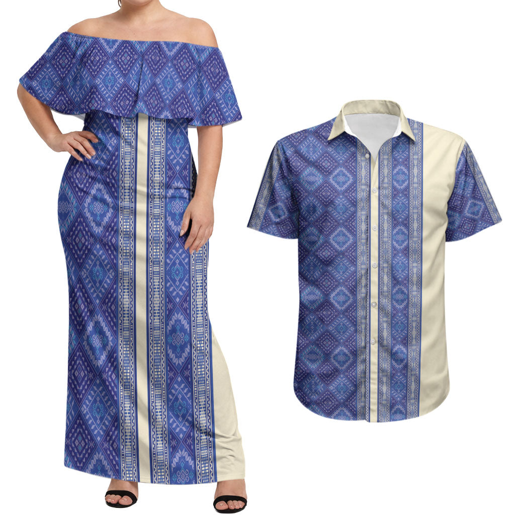 Mabuhay Philippines Festival Couples Matching Off Shoulder Maxi Dress and Hawaiian Shirt Yakan Modern Filipiniana Inspired LT14 Blue - Polynesian Pride