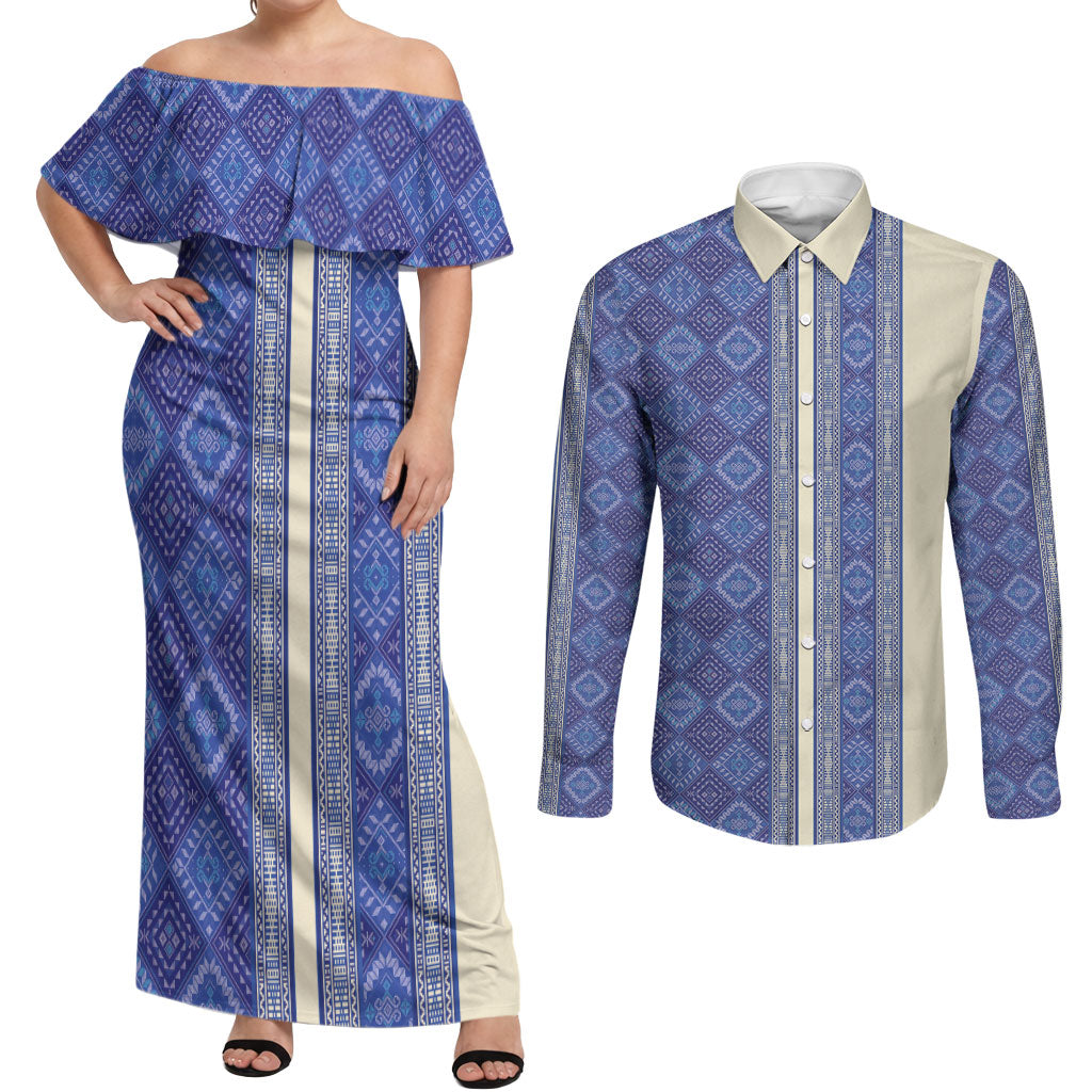 Mabuhay Philippines Festival Couples Matching Off Shoulder Maxi Dress and Long Sleeve Button Shirt Yakan Modern Filipiniana Inspired LT14 Blue - Polynesian Pride