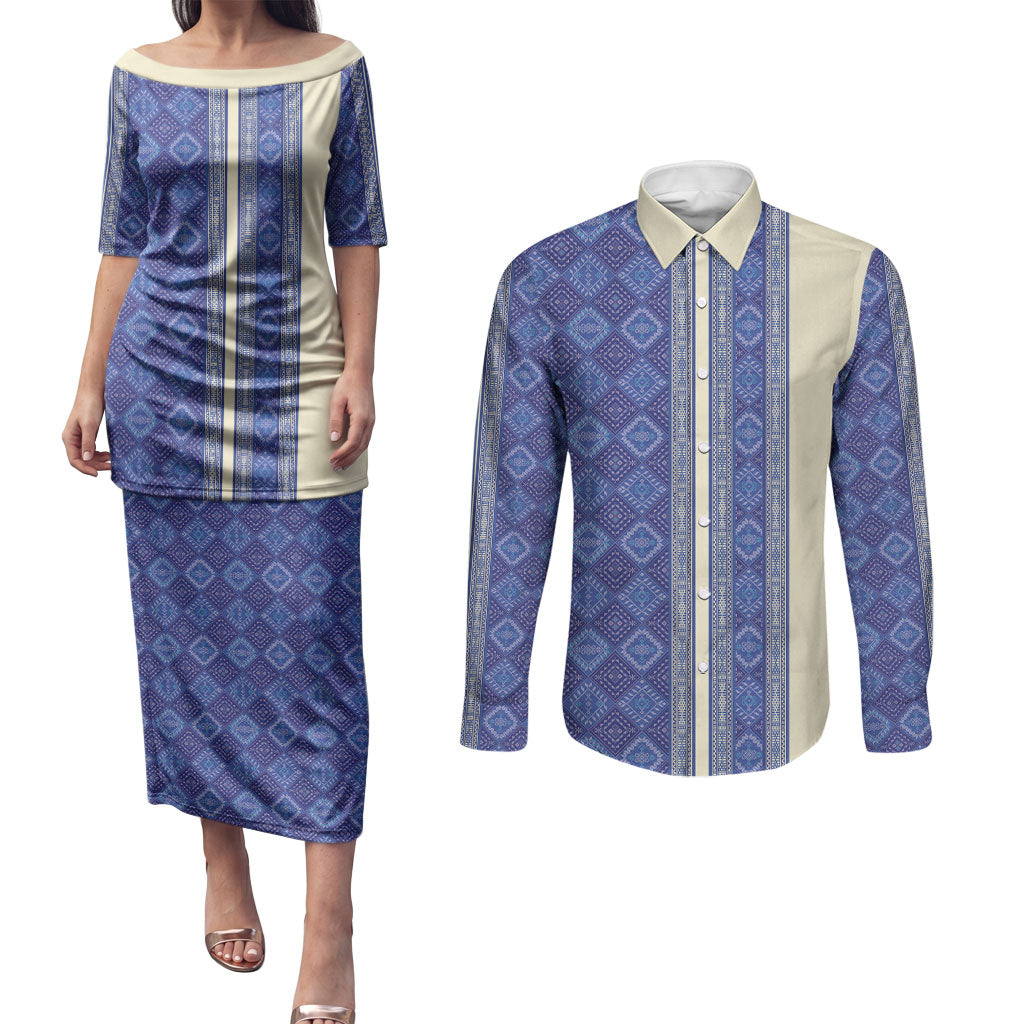 Mabuhay Philippines Festival Couples Matching Puletasi and Long Sleeve Button Shirt Yakan Modern Filipiniana Inspired LT14 Blue - Polynesian Pride