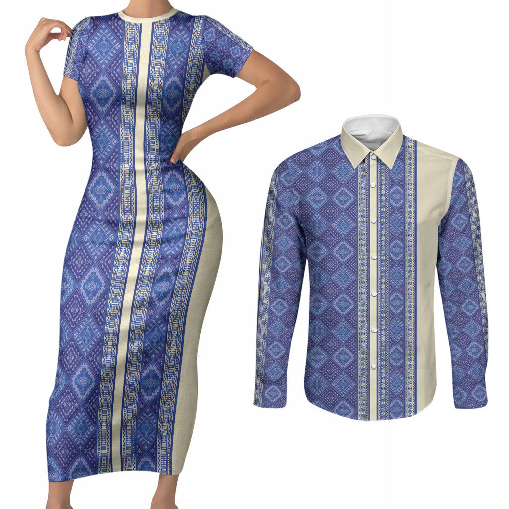Mabuhay Philippines Festival Couples Matching Short Sleeve Bodycon Dress and Long Sleeve Button Shirt Yakan Modern Filipiniana Inspired LT14 Blue - Polynesian Pride