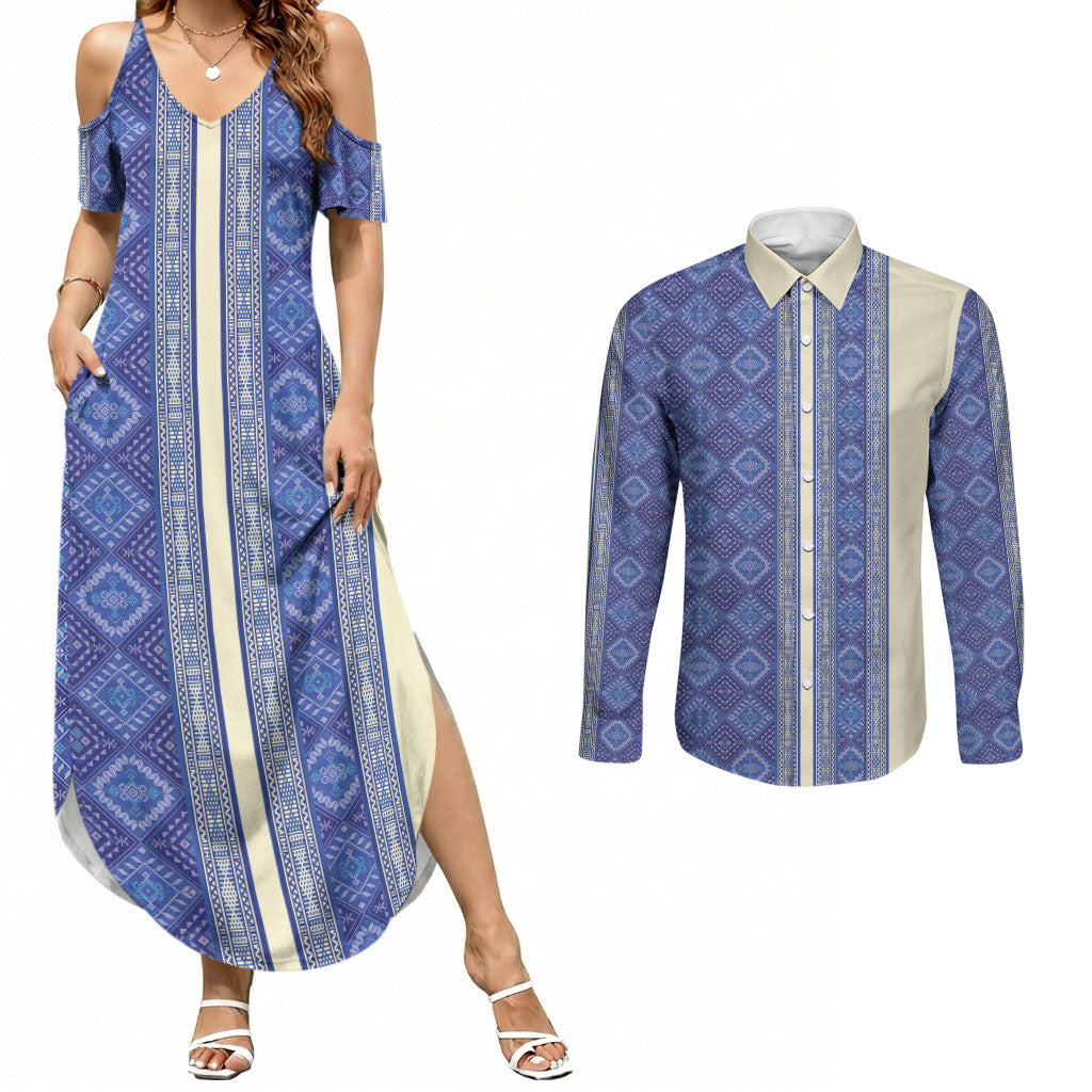 Mabuhay Philippines Festival Couples Matching Summer Maxi Dress and Long Sleeve Button Shirt Yakan Modern Filipiniana Inspired LT14 Blue - Polynesian Pride