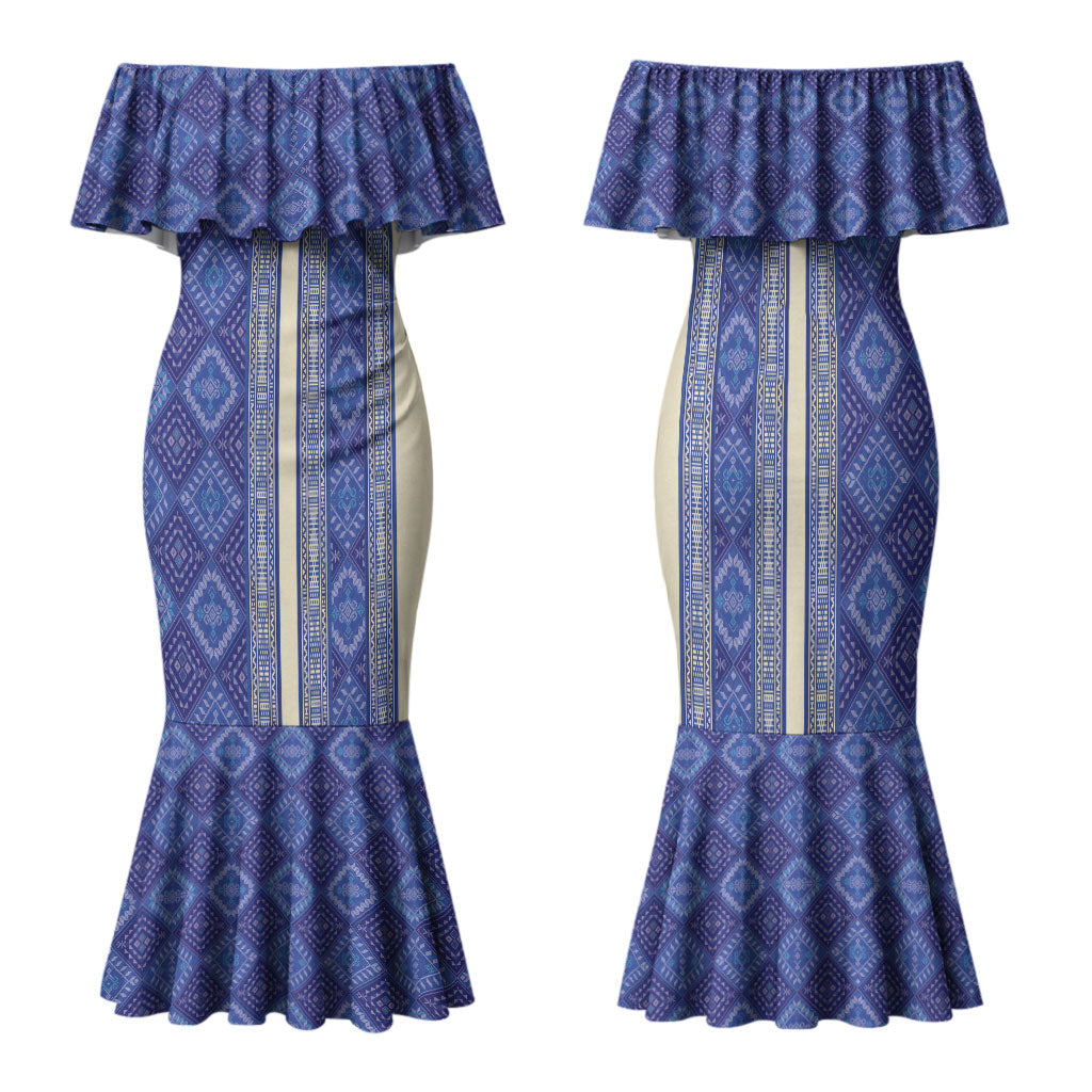 Mabuhay Philippines Festival Family Matching Mermaid Dress and Hawaiian Shirt Yakan Modern Filipiniana Inspired LT14 Mom's Dress Blue - Polynesian Pride