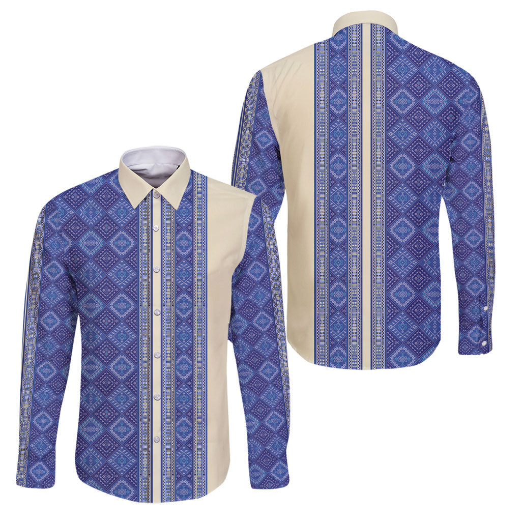 Mabuhay Philippines Festival Family Matching Mermaid Dress and Hawaiian Shirt Yakan Modern Filipiniana Inspired LT14 Dad's Shirt - Long Sleeve Blue - Polynesian Pride