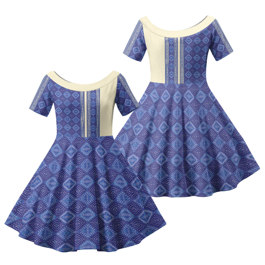 Mabuhay Philippines Festival Family Matching Puletasi and Hawaiian Shirt Yakan Modern Filipiniana Inspired LT14 Daughter's Dress Blue - Polynesian Pride