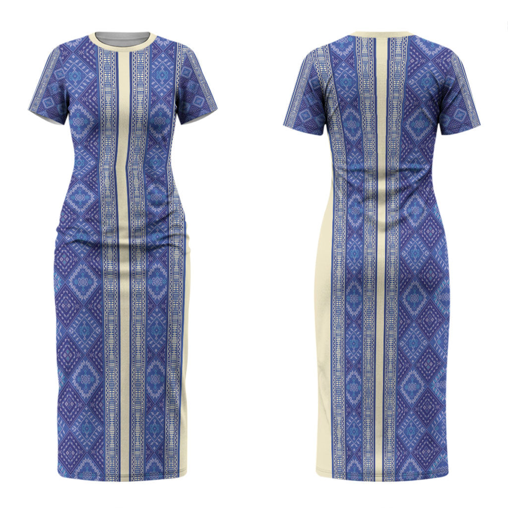 Mabuhay Philippines Festival Family Matching Short Sleeve Bodycon Dress and Hawaiian Shirt Yakan Modern Filipiniana Inspired LT14 Mom's Dress Blue - Polynesian Pride