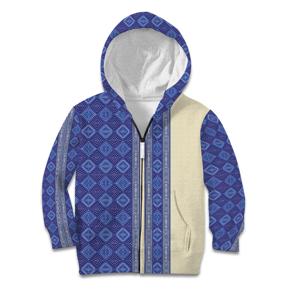 Mabuhay Philippines Festival Kid Hoodie Yakan Modern Filipiniana Inspired LT14 Zip Hoodie Blue - Polynesian Pride