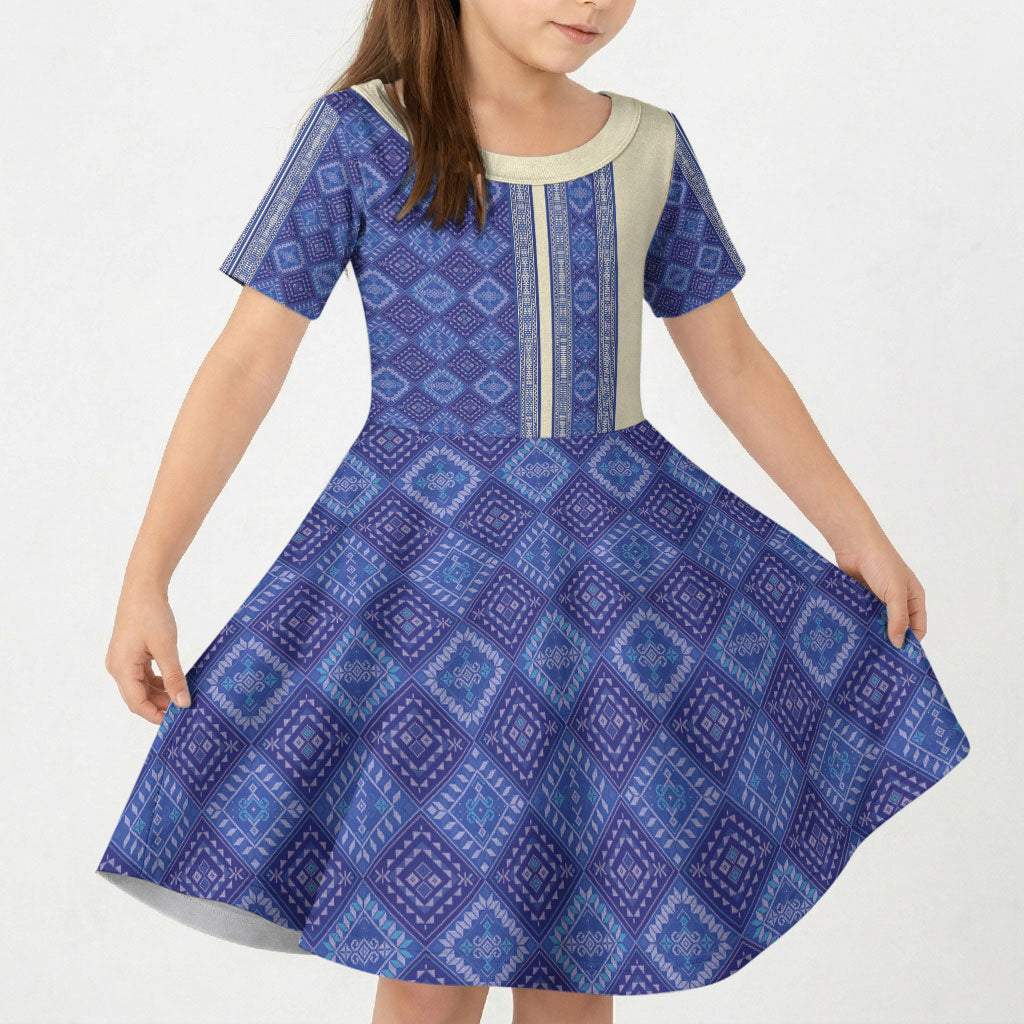 Mabuhay Philippines Festival Kid Short Sleeve Dress Yakan Modern Filipiniana Inspired LT14 KID Blue - Polynesian Pride