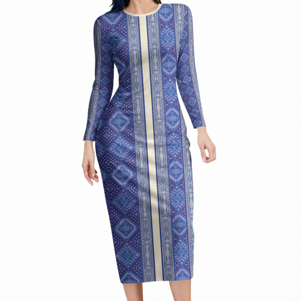 Mabuhay Philippines Festival Long Sleeve Bodycon Dress Yakan Modern Filipiniana Inspired LT14 Long Dress Blue - Polynesian Pride