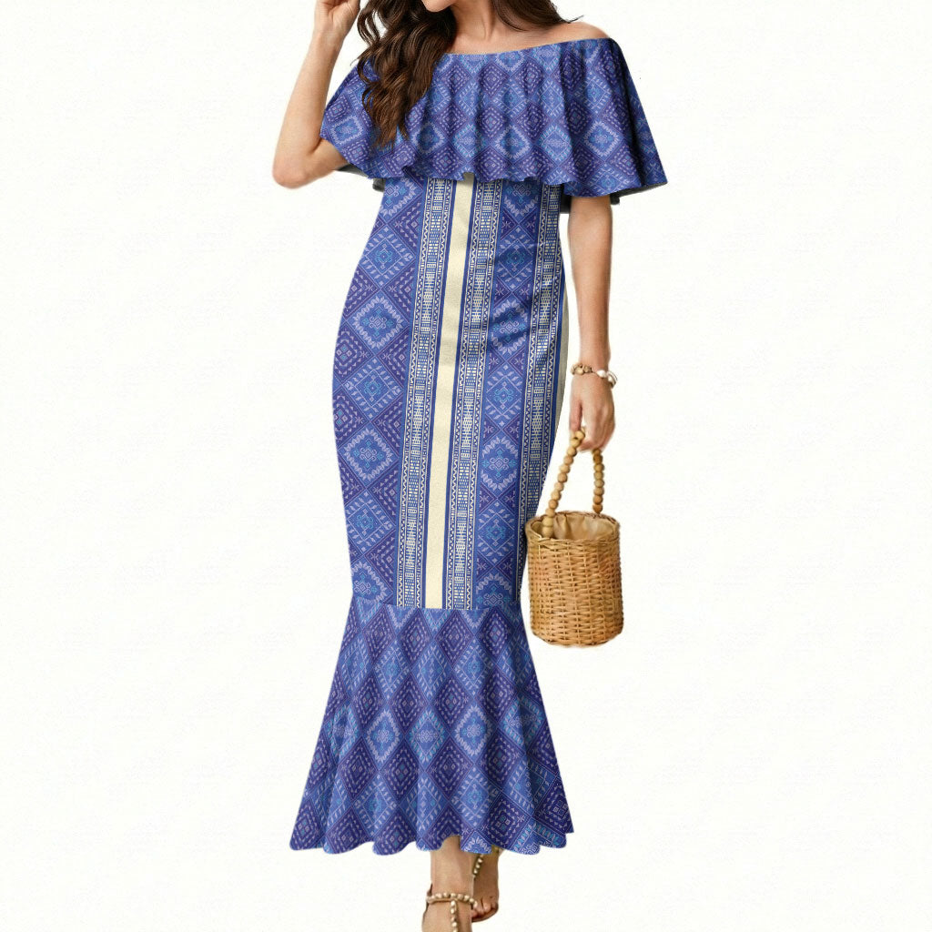 Mabuhay Philippines Festival Mermaid Dress Yakan Modern Filipiniana Inspired LT14 Women Blue - Polynesian Pride