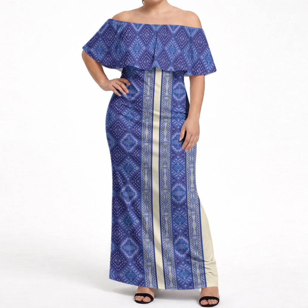 Mabuhay Philippines Festival Off Shoulder Maxi Dress Yakan Modern Filipiniana Inspired LT14 Women Blue - Polynesian Pride