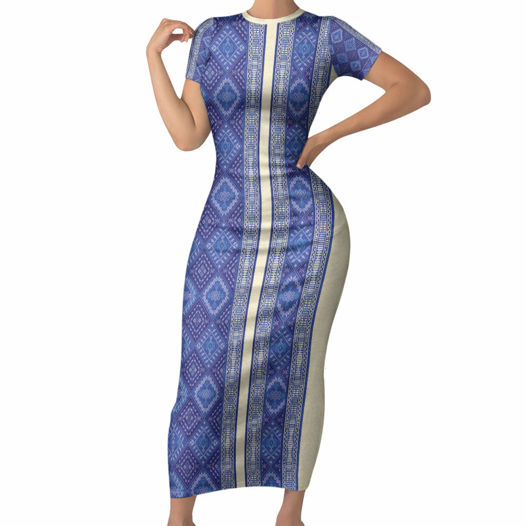 Mabuhay Philippines Festival Short Sleeve Bodycon Dress Yakan Modern Filipiniana Inspired LT14 Long Dress Blue - Polynesian Pride