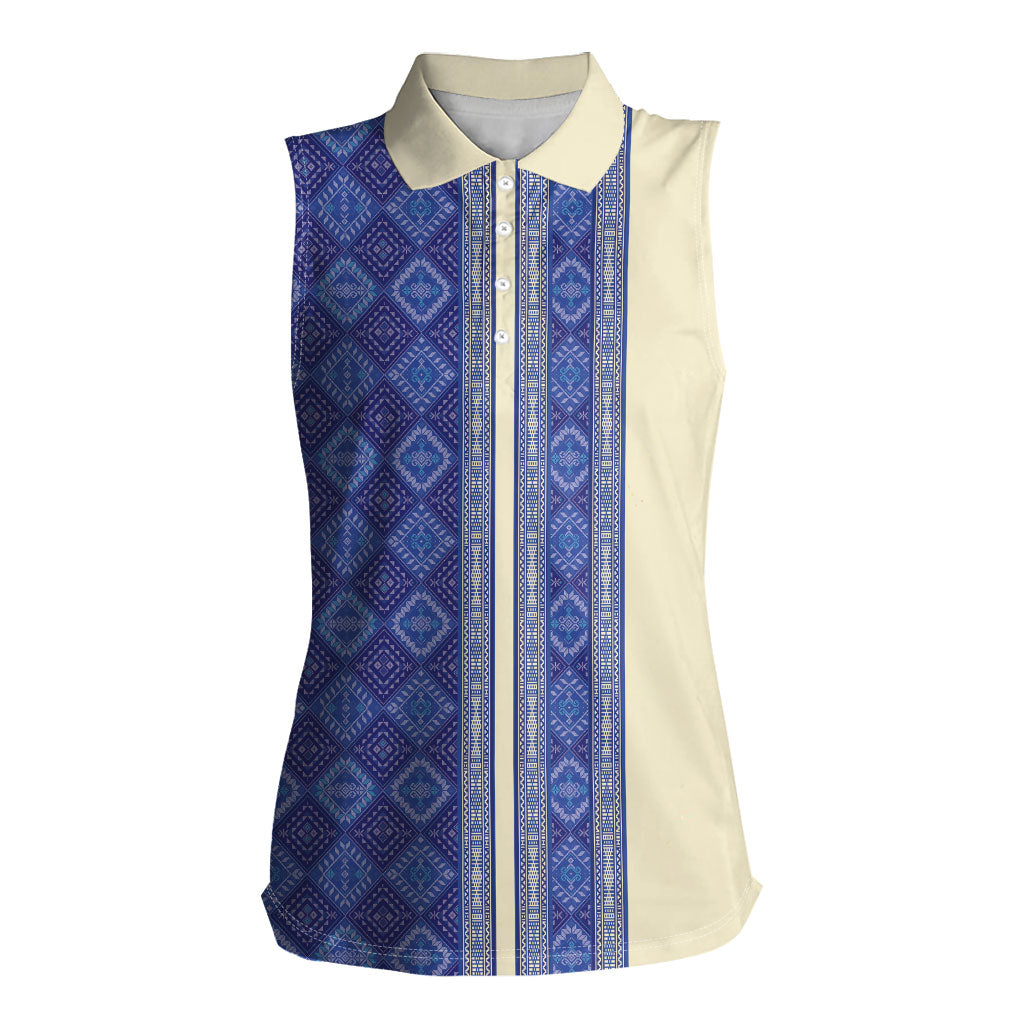 Mabuhay Philippines Festival Women Sleeveless Polo Shirt Yakan Modern Filipiniana Inspired LT14 Female Blue - Polynesian Pride