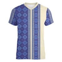 Mabuhay Philippines Festival Women V-Neck T-Shirt Yakan Modern Filipiniana Inspired LT14 Female Blue - Polynesian Pride