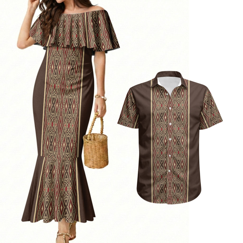 Mabuhay Philippines Festival Couples Matching Mermaid Dress and Hawaiian Shirt Tnalak Modern Filipiniana Inspired LT14 Brown - Polynesian Pride