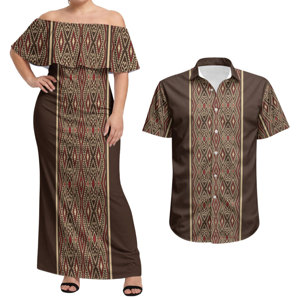 Mabuhay Philippines Festival Couples Matching Off Shoulder Maxi Dress and Hawaiian Shirt Tnalak Modern Filipiniana Inspired LT14 Brown - Polynesian Pride
