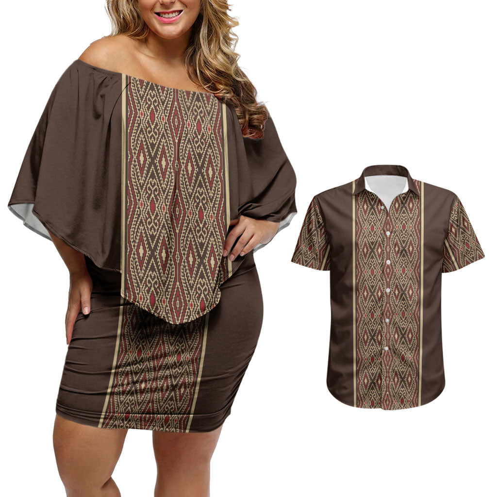 Mabuhay Philippines Festival Couples Matching Off Shoulder Short Dress and Hawaiian Shirt Tnalak Modern Filipiniana Inspired LT14 Brown - Polynesian Pride
