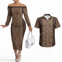 Mabuhay Philippines Festival Couples Matching Off The Shoulder Long Sleeve Dress and Hawaiian Shirt Tnalak Modern Filipiniana Inspired LT14 Brown - Polynesian Pride