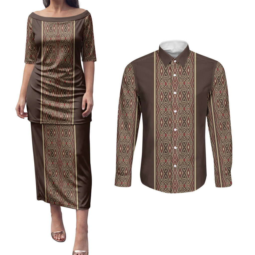 Mabuhay Philippines Festival Couples Matching Puletasi and Long Sleeve Button Shirt Tnalak Modern Filipiniana Inspired LT14 Brown - Polynesian Pride