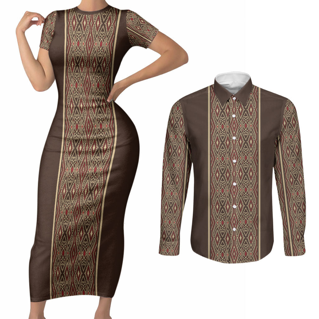 Mabuhay Philippines Festival Couples Matching Short Sleeve Bodycon Dress and Long Sleeve Button Shirt Tnalak Modern Filipiniana Inspired LT14 Brown - Polynesian Pride
